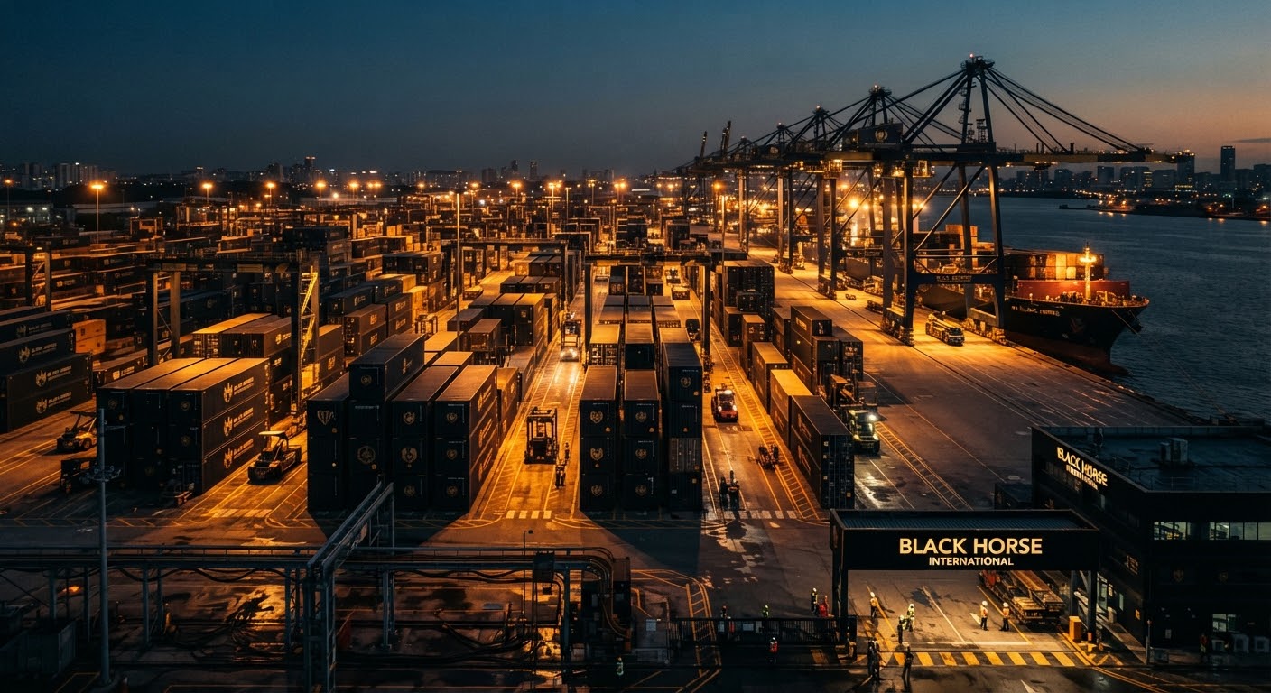 Aerial view of a shipping container terminal at dusk representing Middle East logistics.