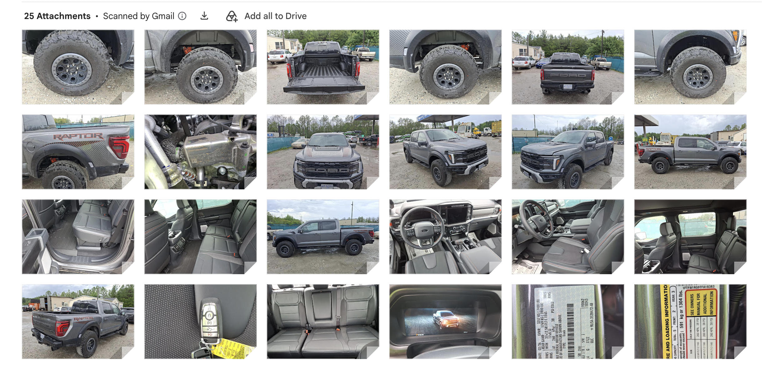Inspection documentation grid showing 25 detailed photos of a Ford F-150 Raptor including wheels, engine bay, interior, and VIN plates.