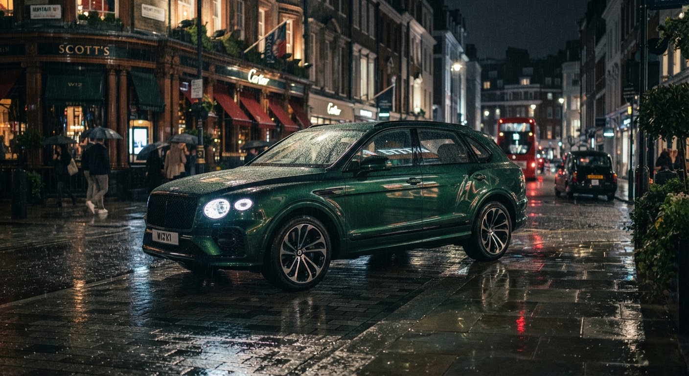 Bentley Bentayga on a rainy London street representing European delivery.