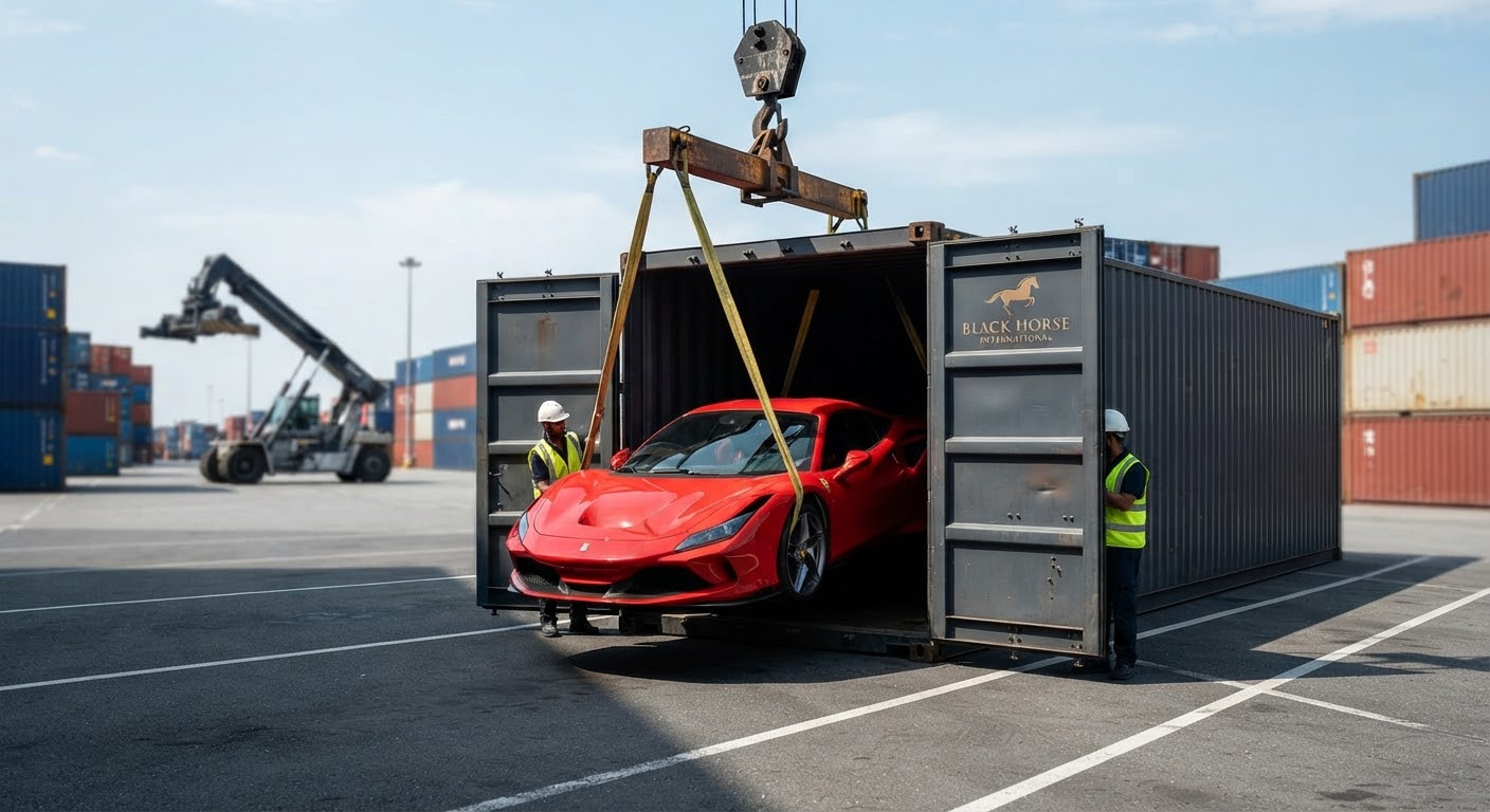 A red high-performance Italian sports car being lowered into a shipping container by a crane.