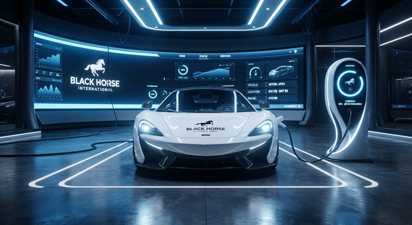 A sleek white electric sports car in a high-tech charging station with blue ambient lighting.