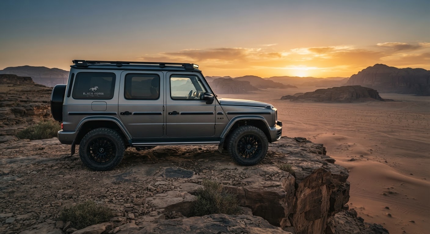 A metallic grey luxury off-roader parked on a rocky cliff overlooking a desert at sunset.