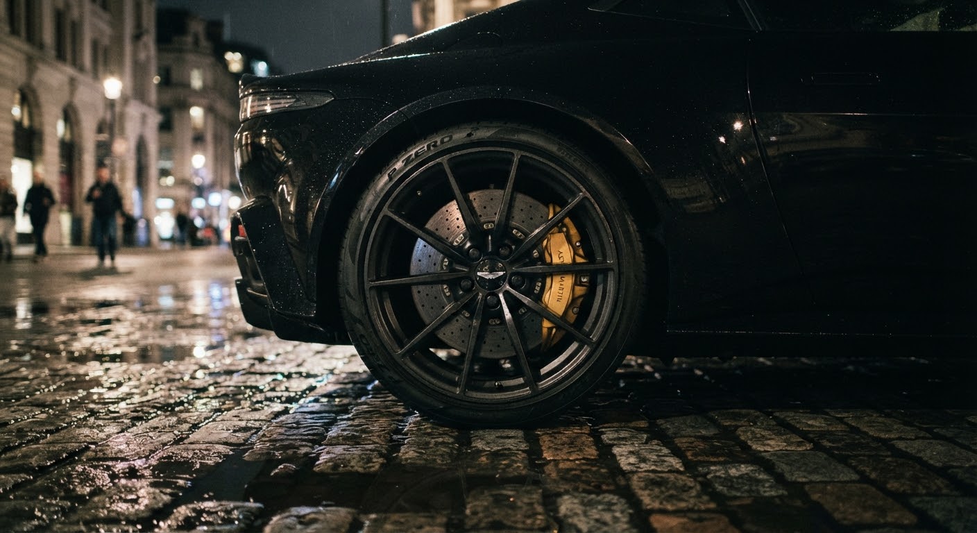 Detail shot of a black luxury car's alloy wheel and gold brake calipers on a wet cobblestone street at night.